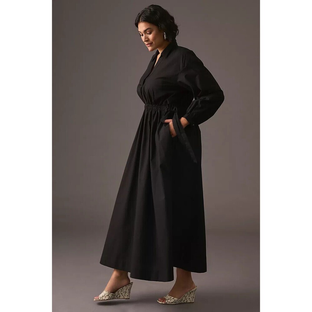 Anthropologie Maeve Clinched Shirt Dress Maxi Black Size Large Flowy Minimalist - Picture 4 of 11